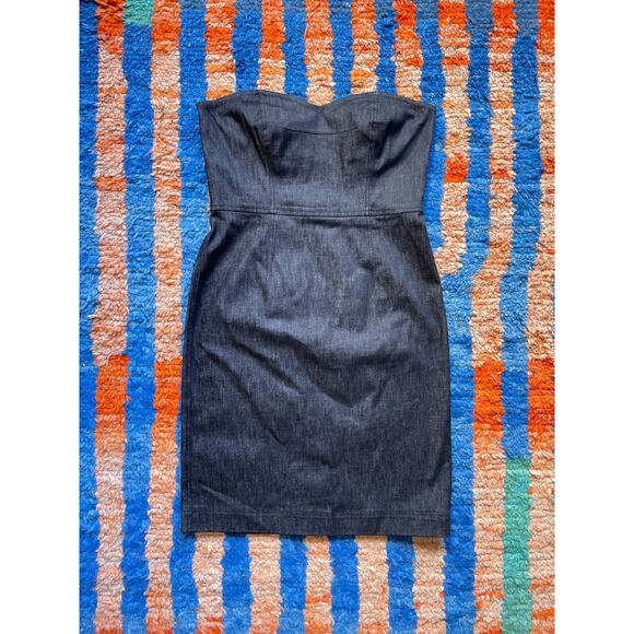 Vtg Y2K DKNY Black Denim Strapless Dress Sz 12 Bodycon Subversive Tube Midi - Picture 1 of 8